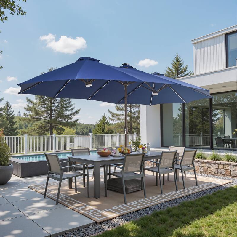 ​OVIOS 15ft Double Side Patio Outdoor Umbrella with Crank & LED Light - NavyBlue
