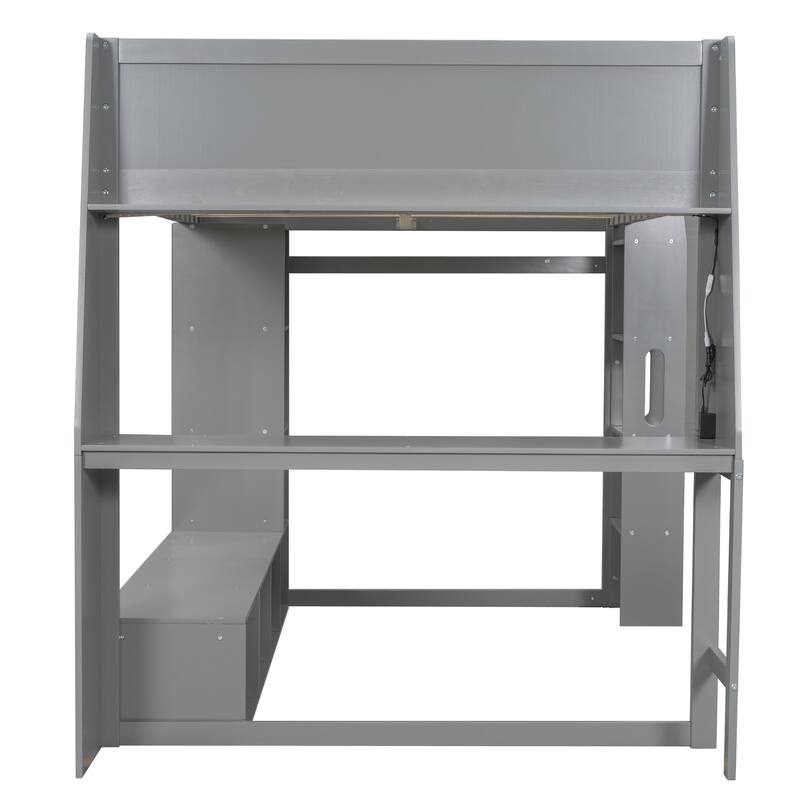 Full Size Gaming Loft Bed with Desk, Shelves, LED Lighting, and Hanging Rack, Gray