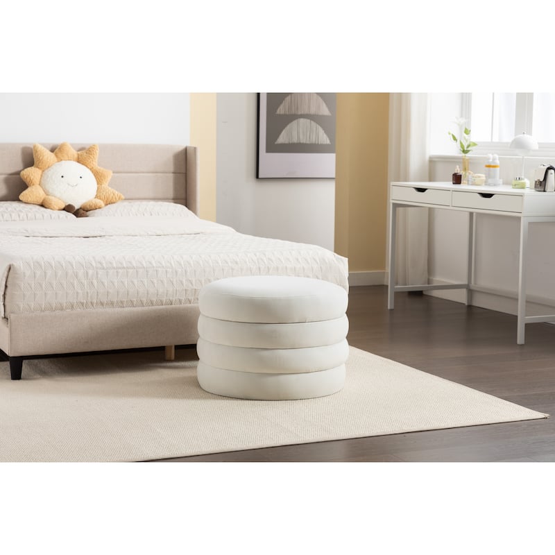Velvet Fabric Storage Round Ottoman Footstool With Wooden Shelving