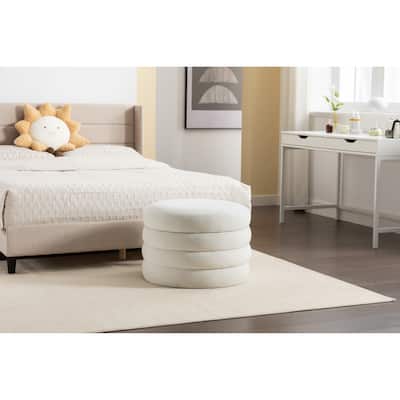 Velvet Fabric Storage Round Ottoman Footstool With Wooden Shelving