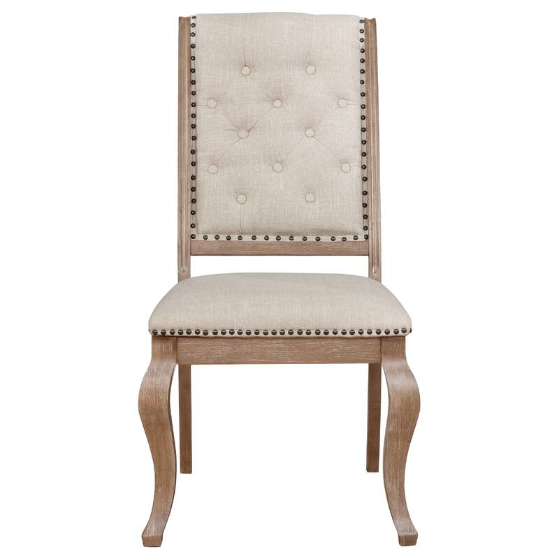 Sev 7pc Dining Table Set, 84-104 Inch Top, 6 Cream Fabric Chairs, Barley Brown