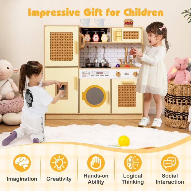 MDF Rattan Kids Play Kitchen with Lights, Sounds and Accessories - 33" × 10" × 31.5"