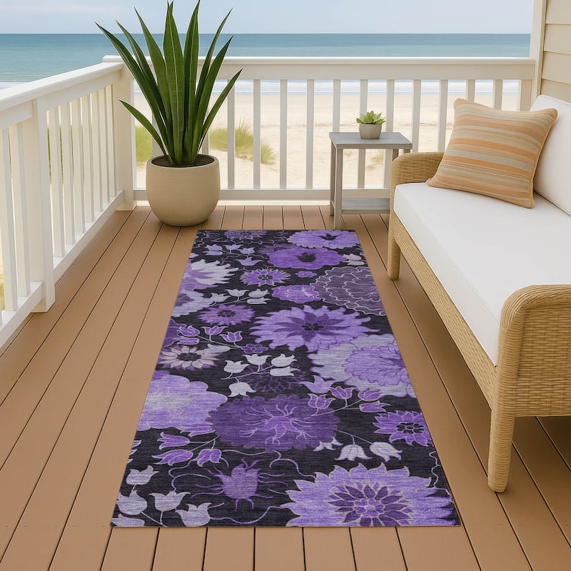 Machine Washable Indoor/ Outdoor Modern Floral Chantille Rug - Purple - 2'3" x 7'6"