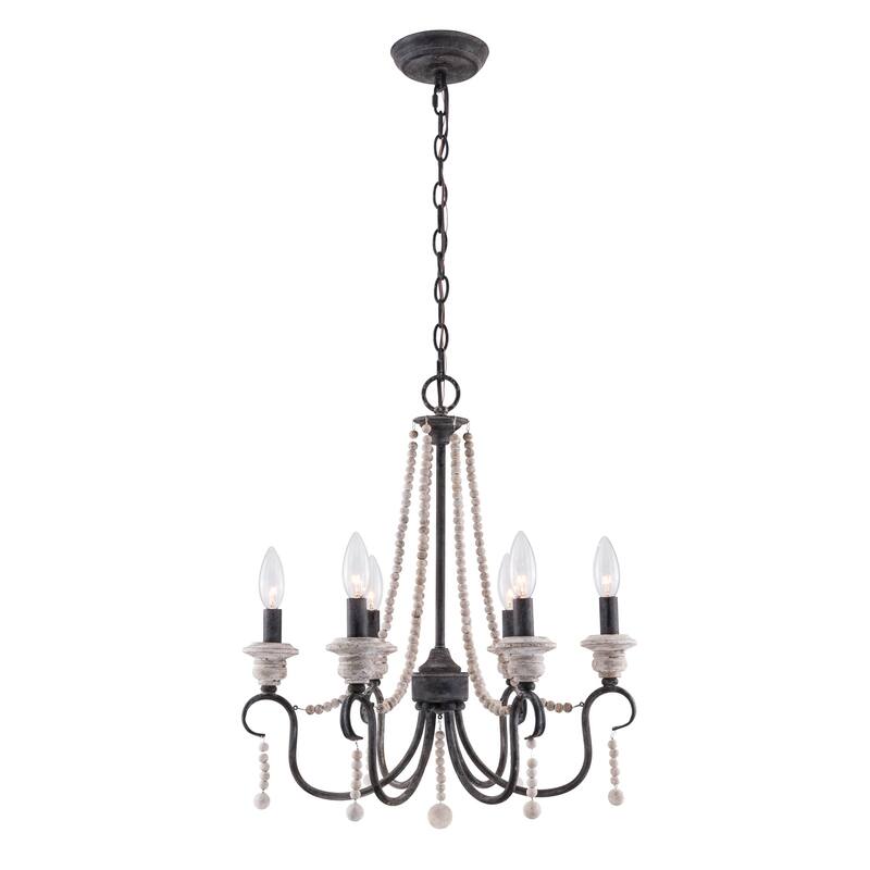 Cusp Barn Modern Farmhouse 6-Light Wood Beaded Chandelier Coastal Pendant Light French Country Candle Ceiling Light for Kitchen