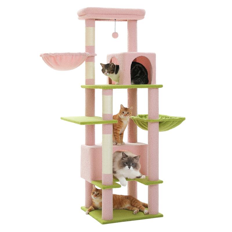 66" Cat Tree, Cat Tower with Sisal-Covered Scratching Post, Super Large Metal Hammock and 2 Big Condos