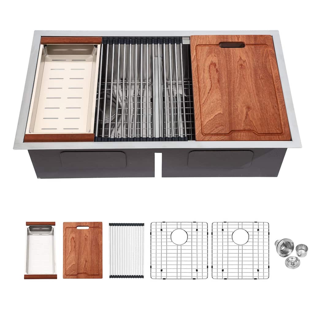 30-inch Undermount Kitchen Sink Low Divide Double Bowl 50/50 Prep Workstation Sink 16 Gauge Stainless Steel Kitchen Sink Basin