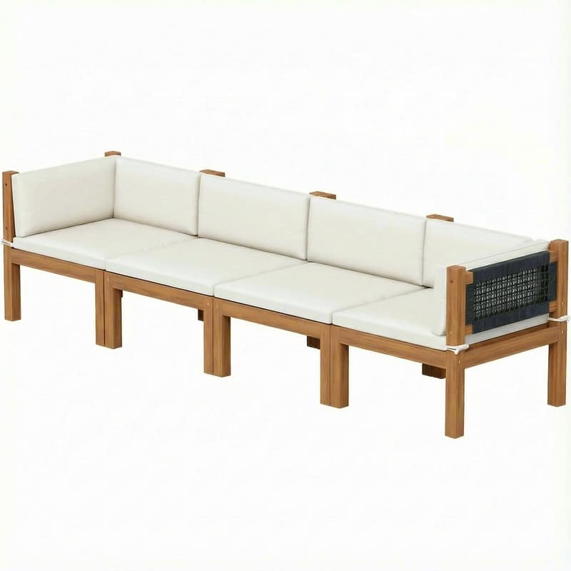Furniwell Acacia Wood Patio Conversation Set Rope Woven Outdoor Sectional Sofa with Table and Cream Cushions