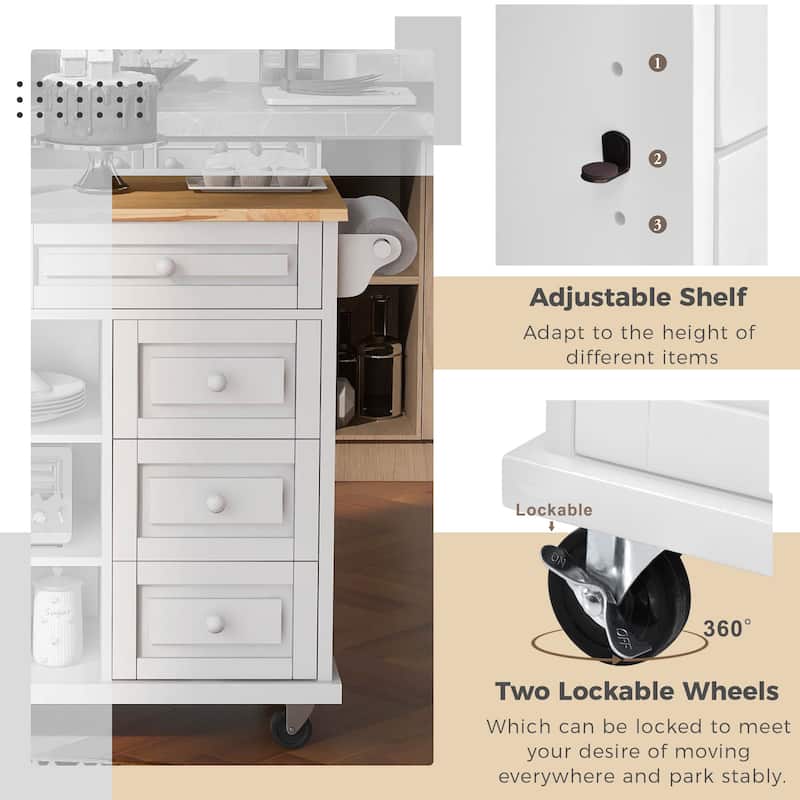 Kitchen Island with on Locking Wheels, Rolling Cart with Rubber Wood Desktop, Mobile Island with 3 Open Shelves & 5 Drawers