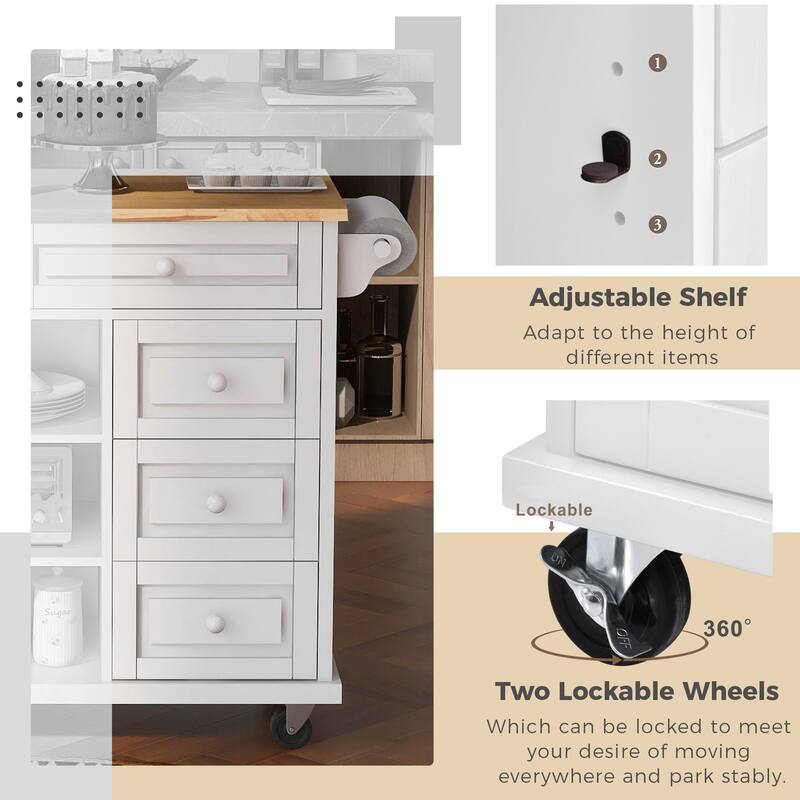 Rolling Kitchen Island Cart with Rubber Wood Top, 5 Drawers, Storage Cabinet & Adjustable Shelves - 53" Black