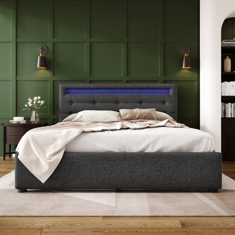 Upholstered Platform Bed Frame with 4 Steel Storage Drawers Underneath