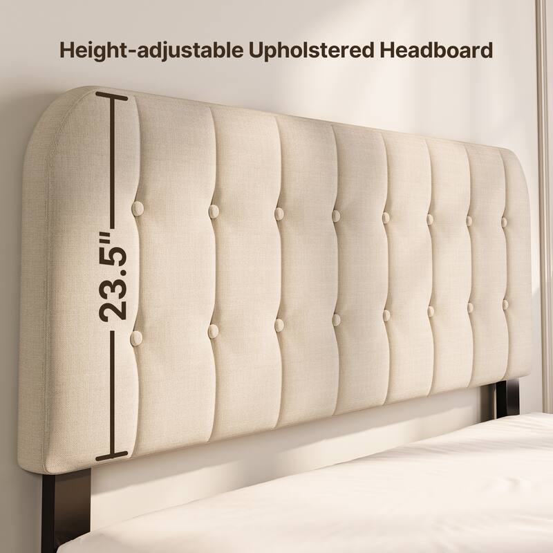 Full / Queen / King Bed Frame with Headboard, Upholstered Platform Bed with Sturdy Wooden Slats