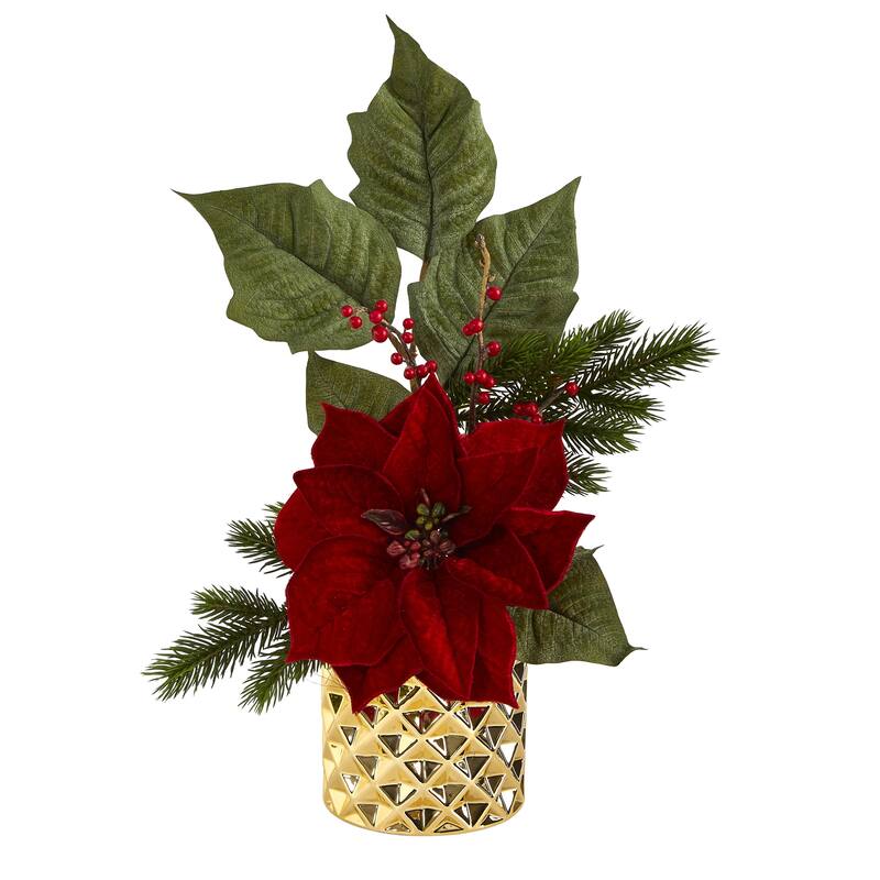 21" Poinsettia, Berries and Pine Artificial Arrangement in Gold Vase - 22