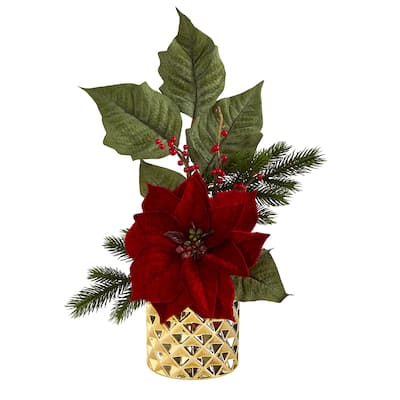 21" Poinsettia, Berries and Pine Artificial Arrangement in Gold Vase - 22