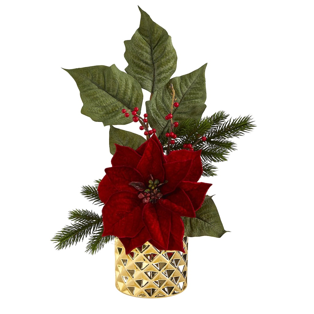 21" Poinsettia, Berries and Pine Artificial Arrangement in Gold Vase - 22