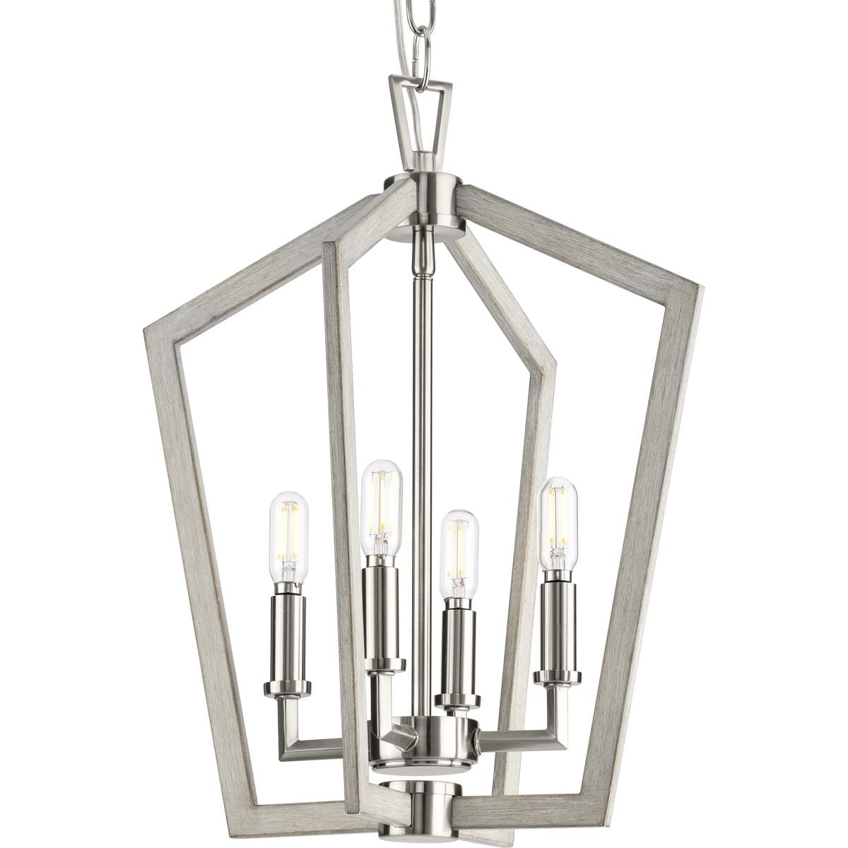 Progress Lighting Galloway Collection 4-Light 18 in. Brushed Nickel Modern Farmhouse Foyer Light with Grey Washed Oak Accents