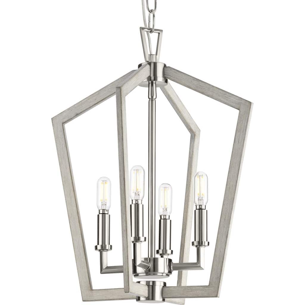 Galloway Collection 4-Light 18 in. Brushed Nickel Modern Farmhouse Foyer Light with Grey Washed Oak Accents - Medium