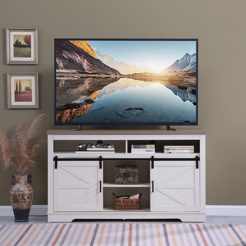 Farmhouse TV Stand Media Console, for 65+ Inches with 2 Sliding Barn Doors and Storage Shelves, for Living Room, Antique White - White