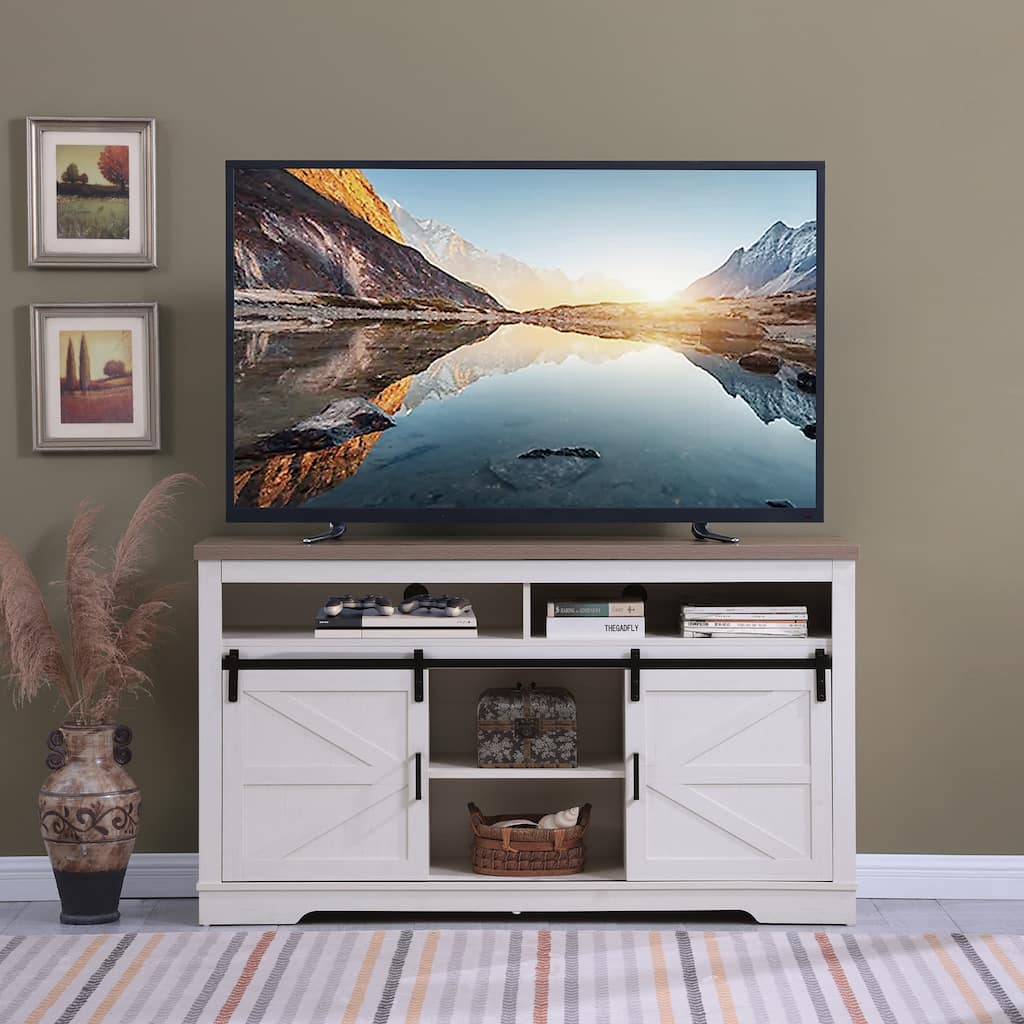 Farmhouse TV Stand Media Console, for 65+ Inches with 2 Sliding Barn Doors and Storage Shelves, for Living Room, Antique White