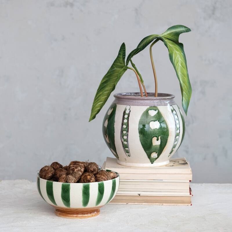 Hand-Painted Stoneware Planter with Reactive Glaze