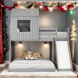 Wooden Twin Over Full Bunk Bed, Loft Bed with Playhouse, Farmhouse, Ladder, Slide and Guardrails, Grey