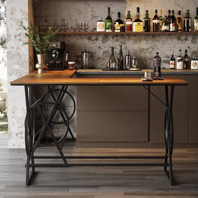 63" Counter Height Bar Table with Wheel-Design, High Pub Dining Table