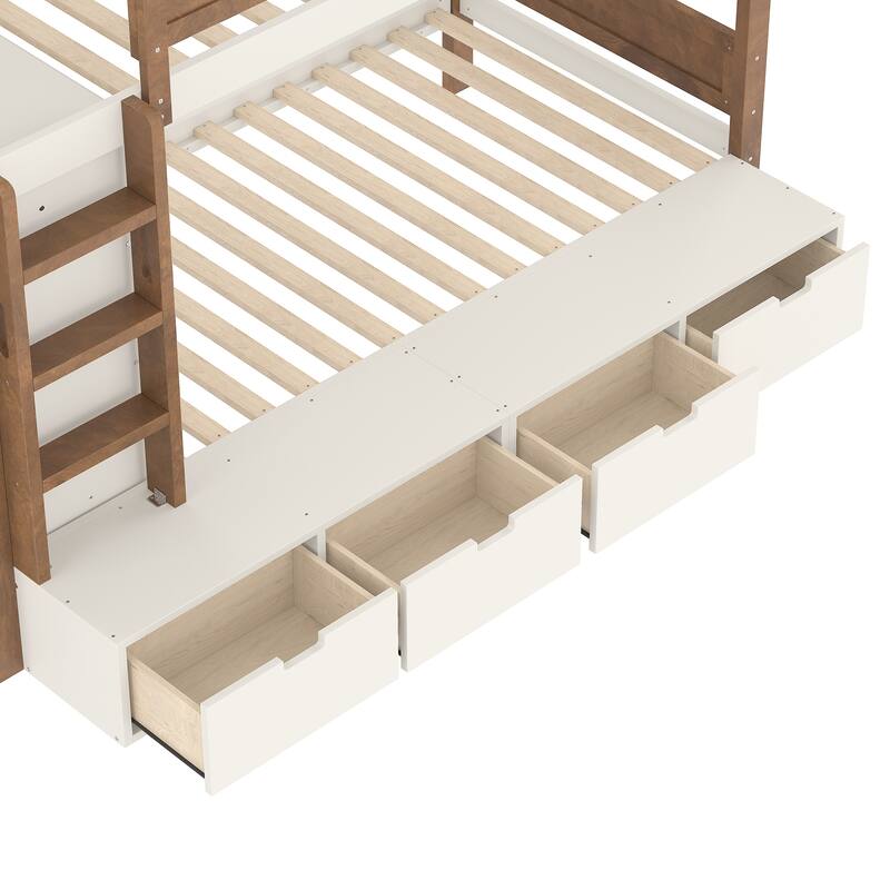 Twin Over Twin/Twin XL Over Full Bunk Bed Solid Wood Storage Bedframe with Built-in Wardrobe, 4 Under Drawers and Guardrails