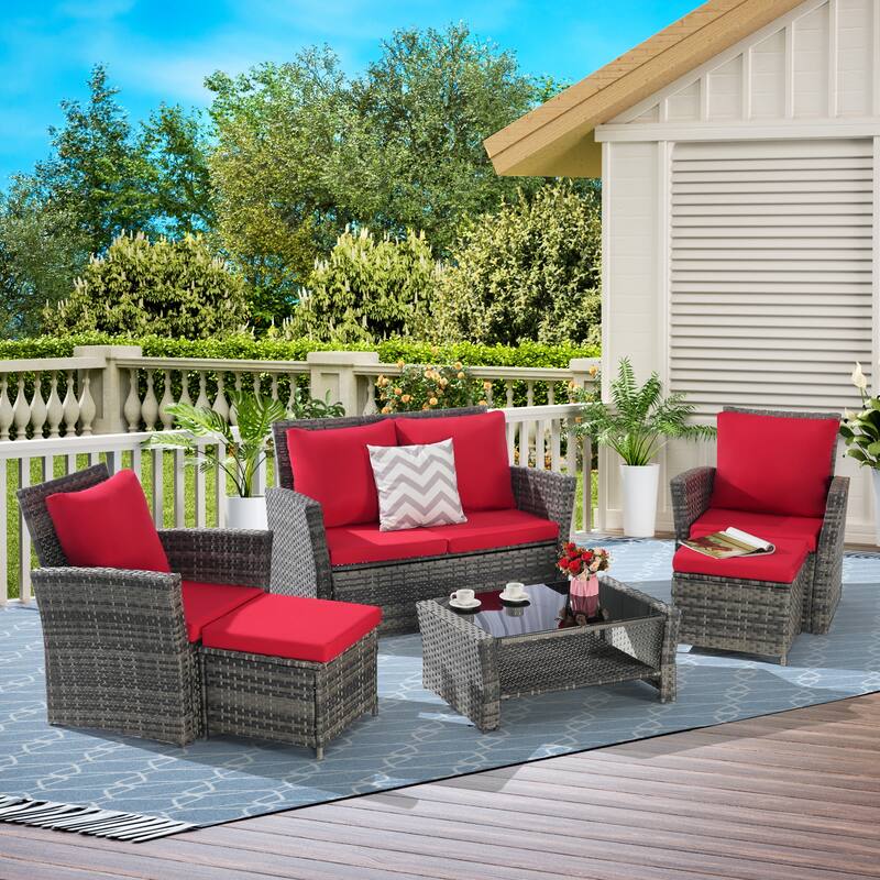 6-Piece Outdoor Wicker Conversation Set with Ottomans and Glass Coffee Table, Cushioned Seating