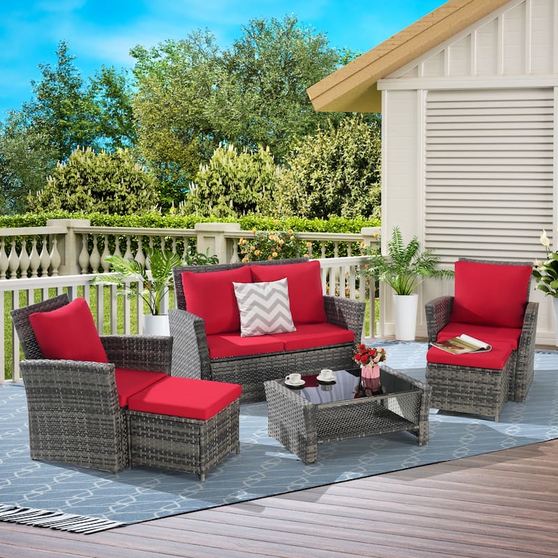 Patio Wicker Furniture Sets with Ottoman & Tempered Glass Coffee Table