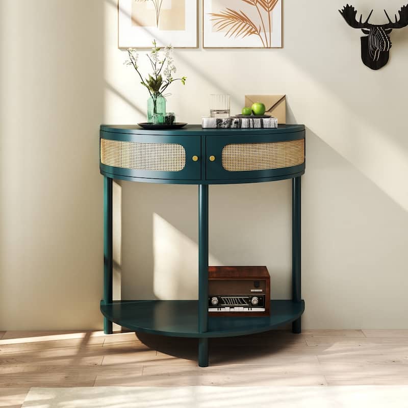 Half Moon Design End Table with Sliding Rattan Door