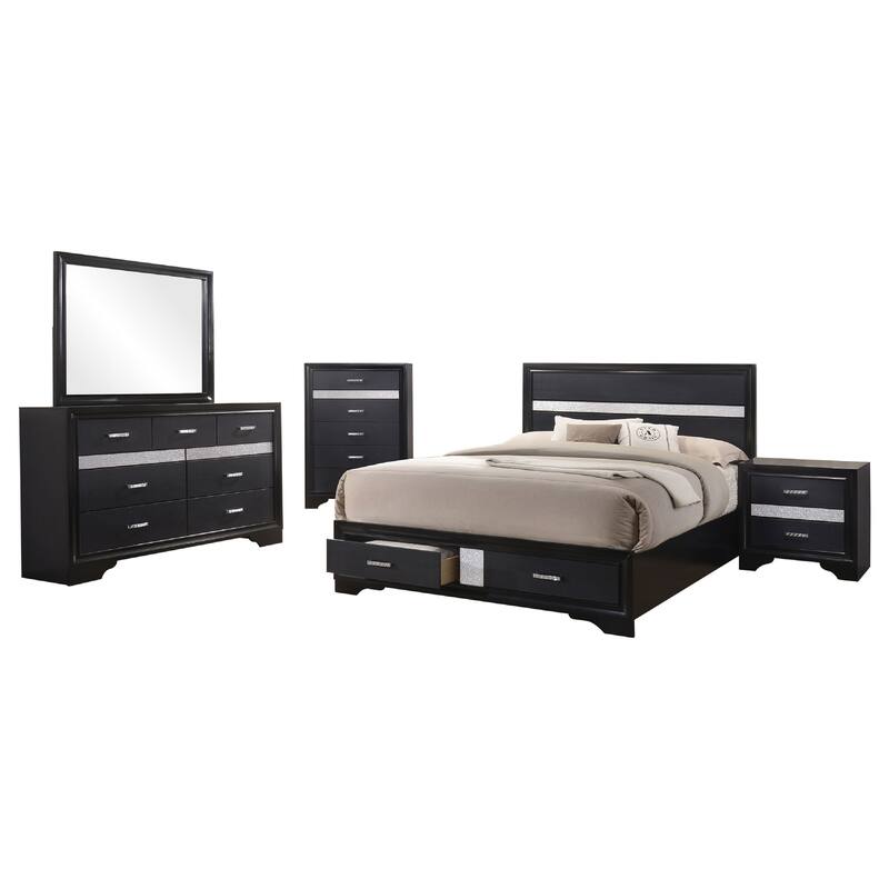 Vino Black 5pc California King Bed Set with Storage, Glitter Accent