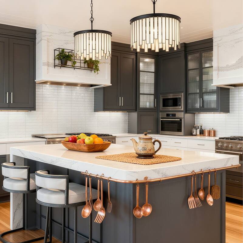 Tifany Modern 3-Light Drum Chandelier with Black White Glass for Kitchen Island Foyer - D16"* H15"