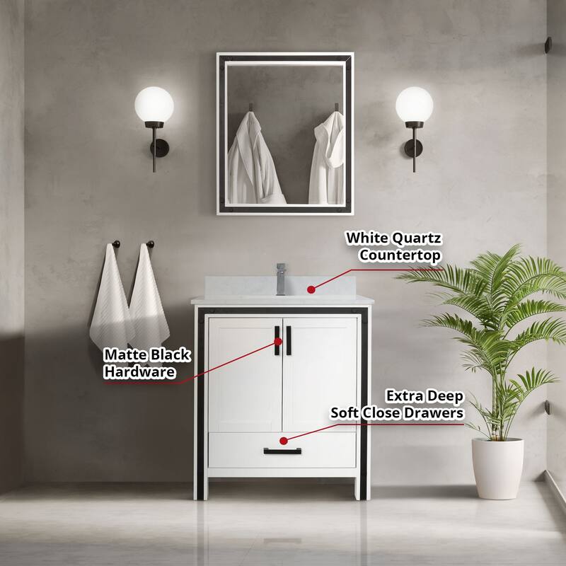 Ziva 30 in W x 22 in D White Bath Vanity, White Quartz Top, Faucet Set and 28 in Mirror