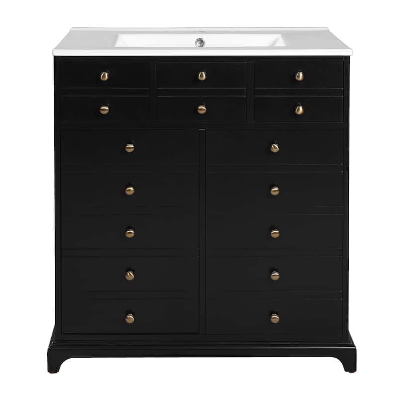 30" Solid Wood Bathroom Vanity with Ceramic Sink - Freestanding Storage Cabinet, 2 Drawers and Soft Closing Doors - Black