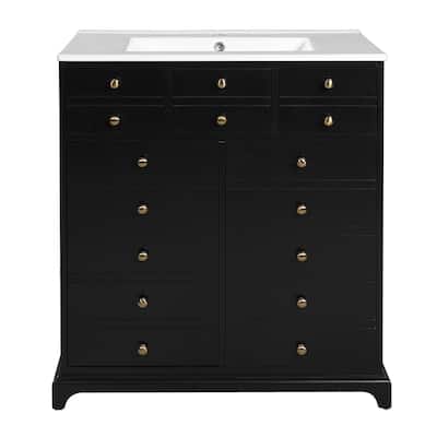 30" Solid Wood Bathroom Vanity with Ceramic Sink - Freestanding Storage Cabinet, 2 Drawers and Soft Closing Doors