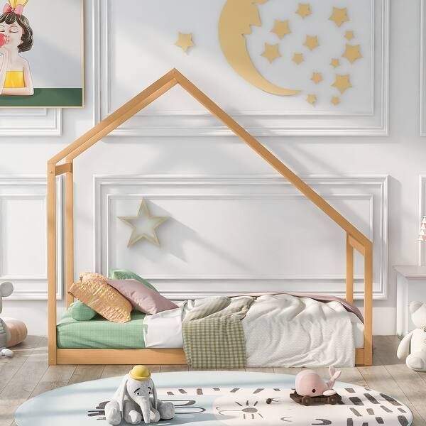 slide 2 of 10, Twin Size Wooden House Bed with Semi-Enclosed Design for Comfortable and Breathable Sleep Spaces