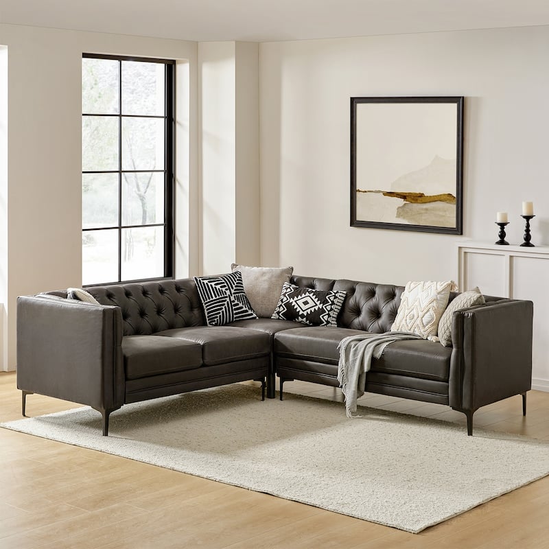 Moira Transitional Genuine Leather Corner Sectional with tufted Back and Metal Leg by HULALA HOME - Charcoal
