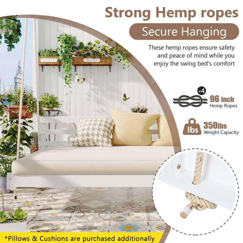Country Patio Wooden Twin Size Swing Daybed Porch Swing Frame with 4pcs 96-inch Hemp Ropes for Backyard, Garden, White