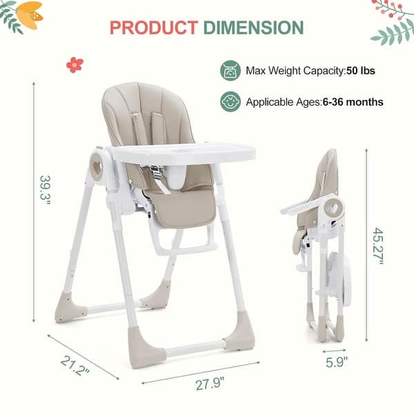 dimension image slide 1 of 3, Foldable High Chairs for Babies and Toddlers with 7 Height and 5 Recline Adjustable Backrest
