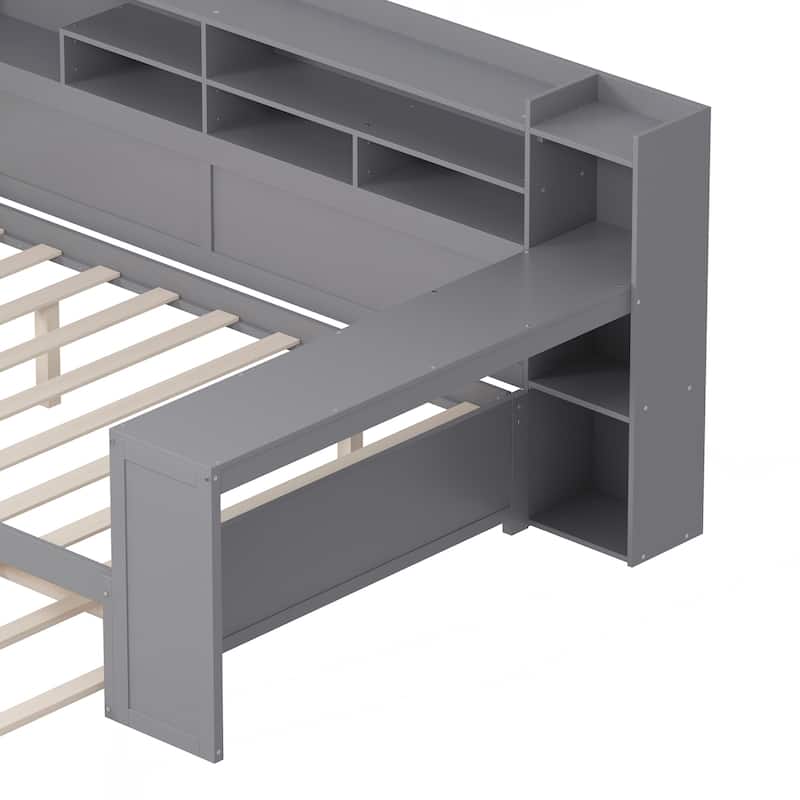 Wooden Full Size Daybed with Storage Shelves, Multi-functional Bed with Twin Size Trundle Bed