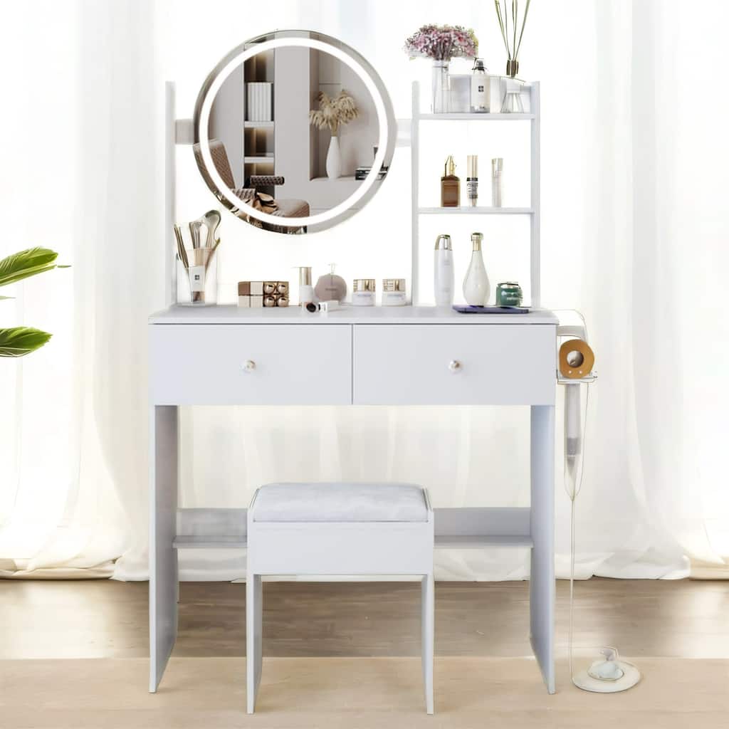 17" Vanity w/ Mirror, Stool, USB Outlets, Touch Control 3 Colors LED