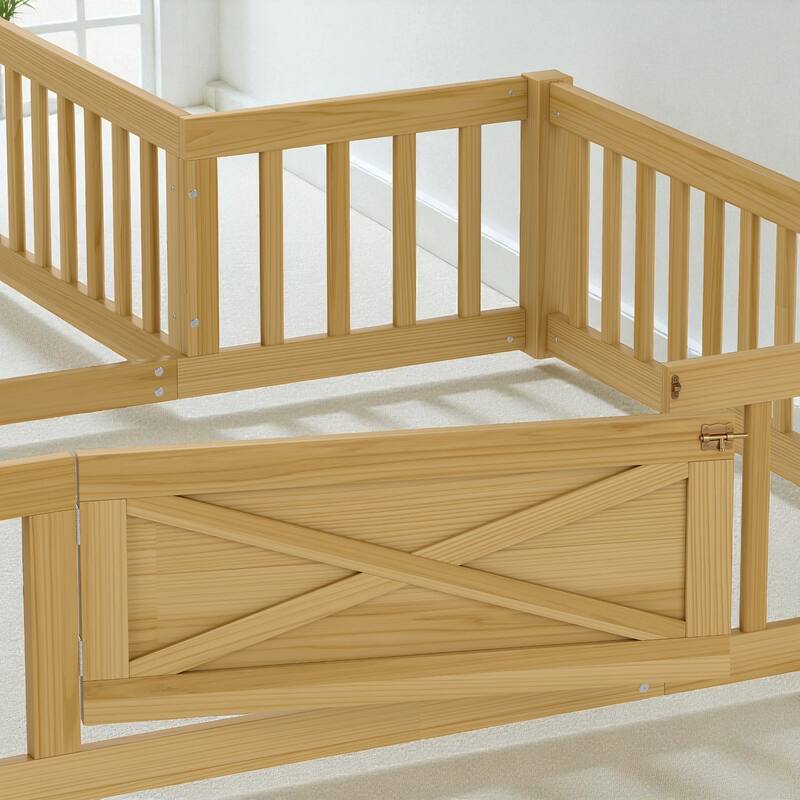 Twin/Full Size House Floor Bed with Door and Guardrails, Double Twin/Full Solid Wood Montessori Bed for Kids