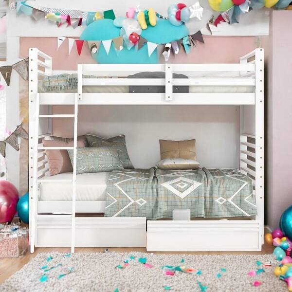 slide 2 of 19, Minimalist Design Twin over Twin Wood Bunk Bed with Two Drawers,White White