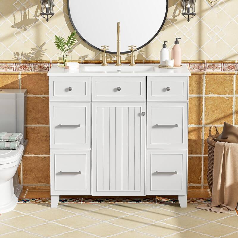 36 Inch Freestanding Bathroom Vanity with White Ceramic Basin and Door and Drawers - White