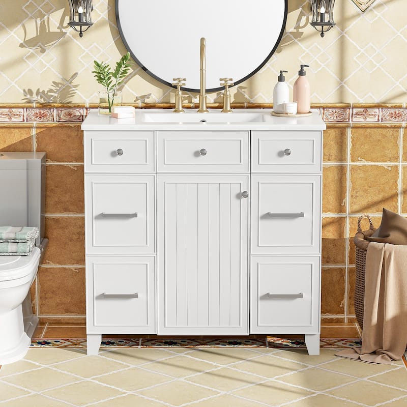 GDFStudio - Zyra Wood 36" Bathroom Vanity - 36"+Ceramic sink - White