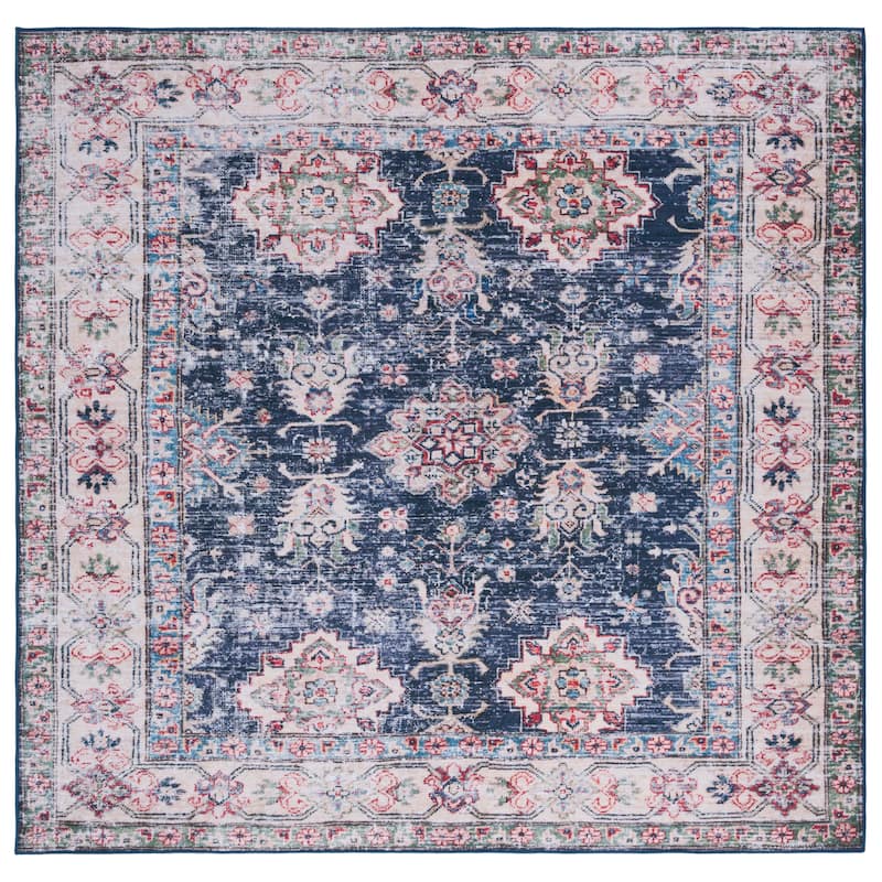 SAFAVIEH Tucson Machine Washable Slip Resistant Daisie Oriental Rug - 6' Square - Navy/Beige
