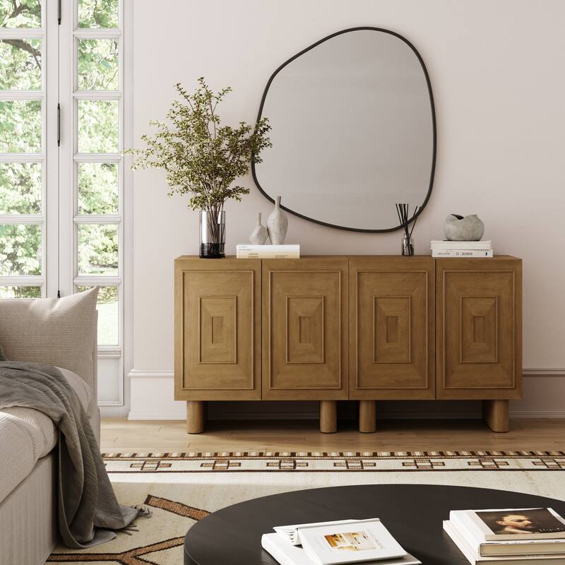 Austin Mid Century Modern Solid Wood Bar Cabinet or Dining Room Buffet with Geometric Doors