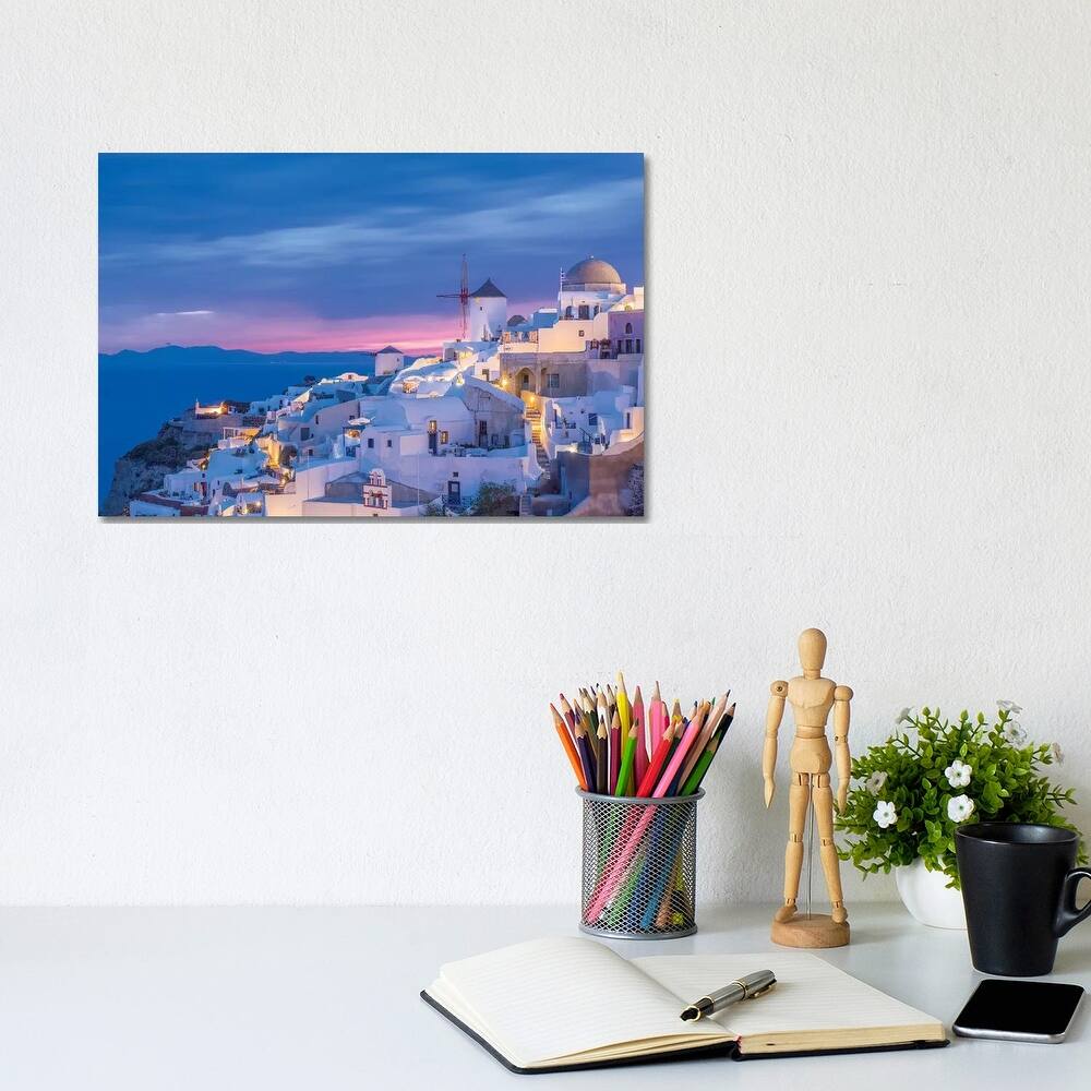 iCanvas "Greece, Oia. Greek Orthodox church and village at sunset." by Jaynes Gallery Canvas Print