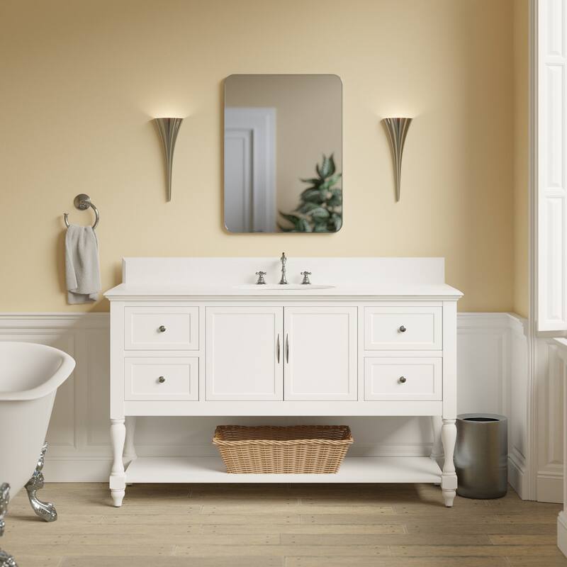 KitchenBathCollection Beverly 60" Single Bathroom Vanity with Quartz Top - White