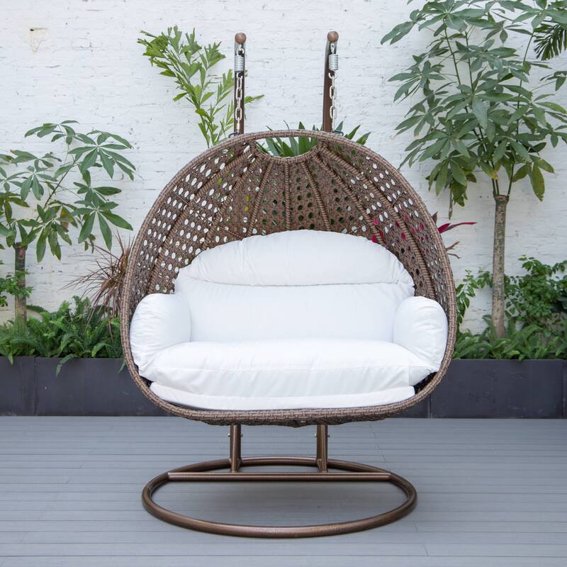 LeisureMod Mendoza Dark Brown 2 Seater Wicker Patio Hanging Double Swing Chair for Patio Porch Backyard Garden - 53"
