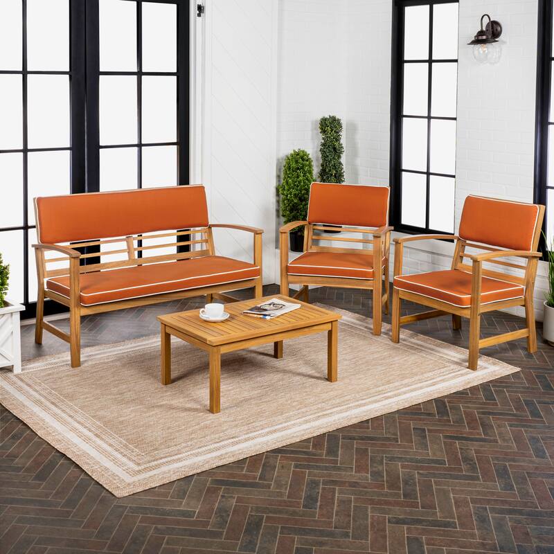 Freja 4-Piece Modern Coastal Acacia Wood Conversation Outdoor Patio Set with Cushions, by JONATHAN Y